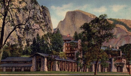 dining wing of the ahwahnee, with half dome as a backdrop