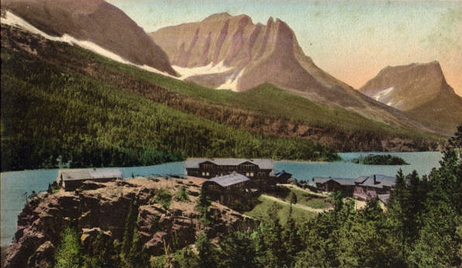 colorized image of the Going to the sun Chalets complex